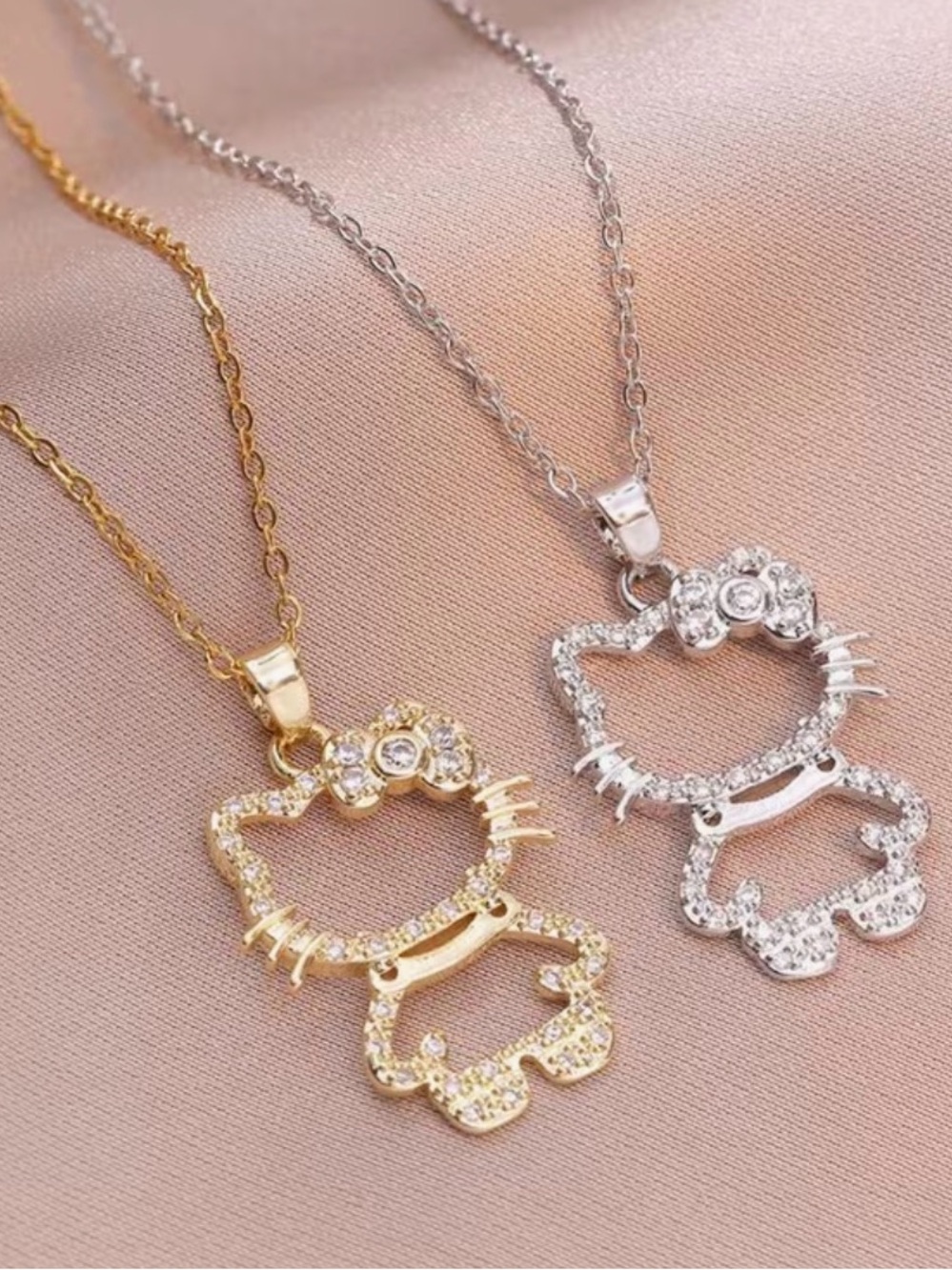 2 x Hello Kitty Crystal Pendant Necklace - Gold and Silver